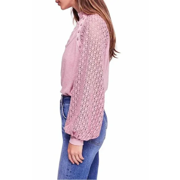 Free People Sweetest Thing Thermal Pink Blush Top Embroidery & Crochet Sz Medium - Picture 5 of 11